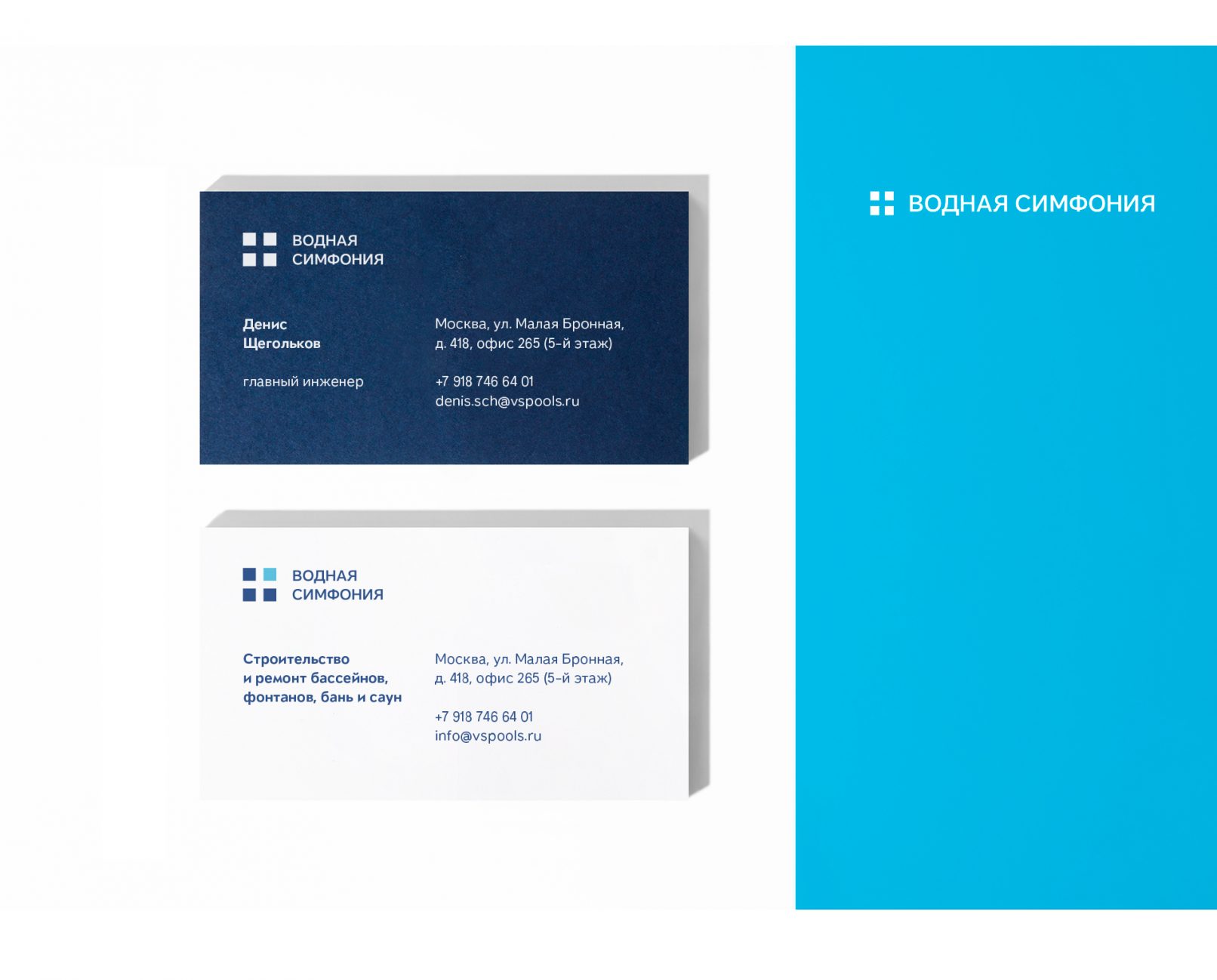 Логотип и фирменный стиль компании по строительству бассейнов «Водная симфония»
